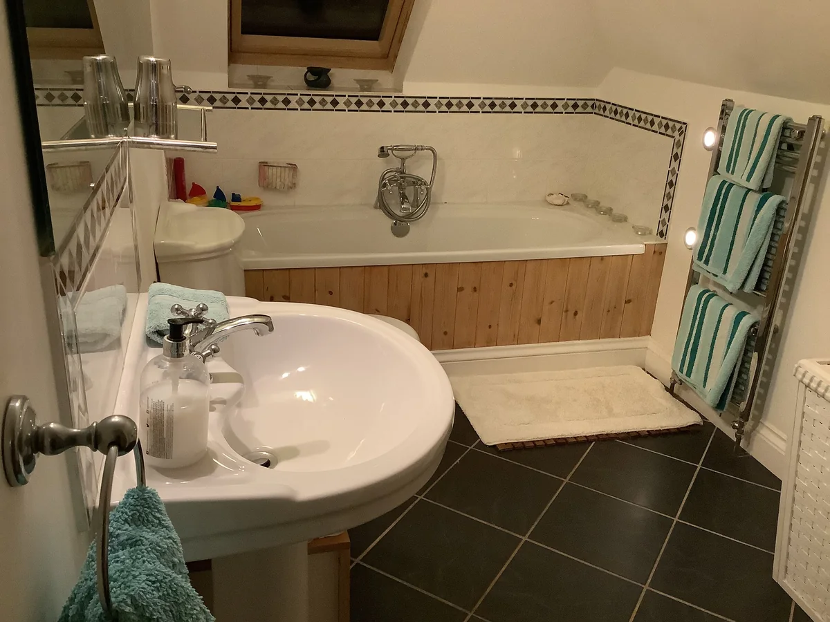Kittiwake bathroom with a bath beneath a roof window, pedestal basin and heated towel rail